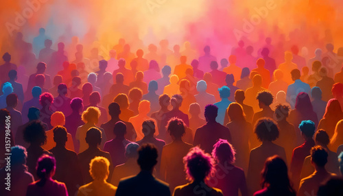 a large crowd of people, colorful silhouettes of people in a vibrant, abstract background