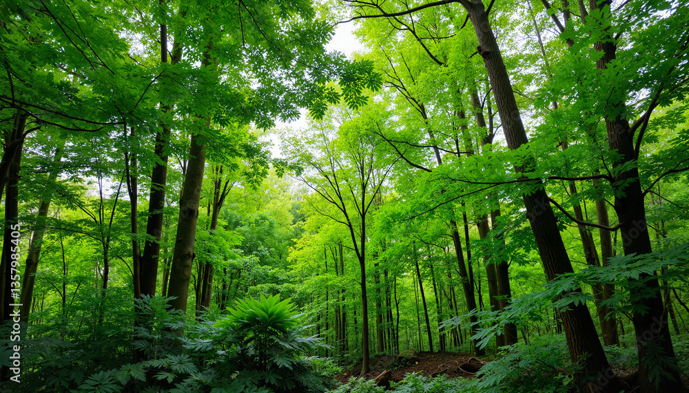 Naklejka premium Lush green forest with tall trees and vibrant foliage