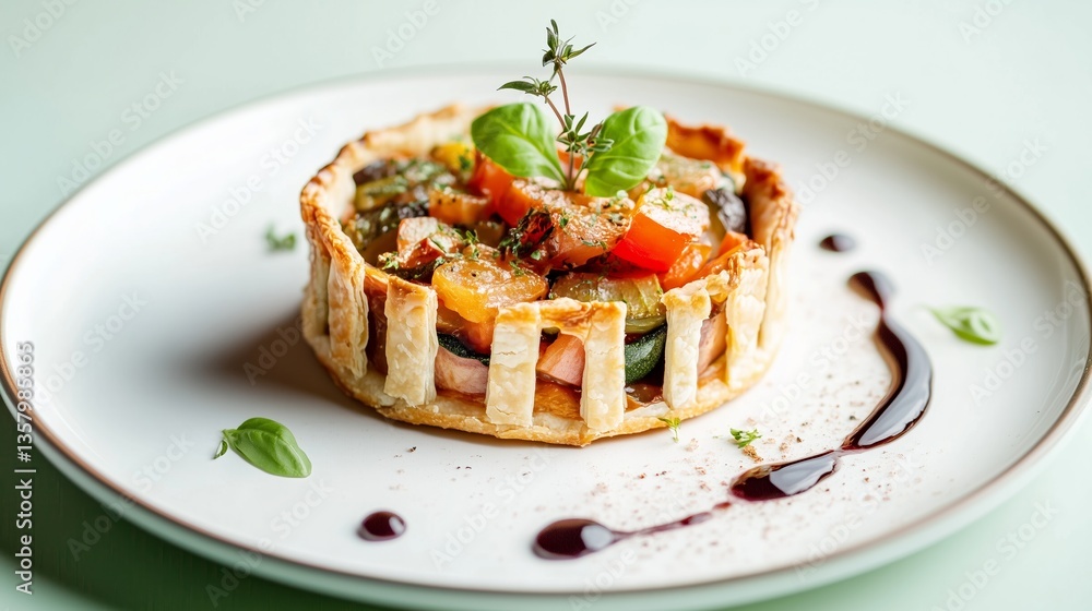 Ratatouille Tart with Puff Pastry Crust and Fresh Herbs on Plate Ratatouille Tart with Puff Pastry Crust and Fresh Herbs on Plate