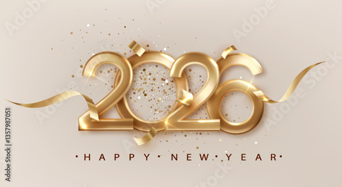 2026 New Year with golden golden ribbon. Festive Christmas banner with falling confetti on bright background. Realistic 2026 Golden 3d number
