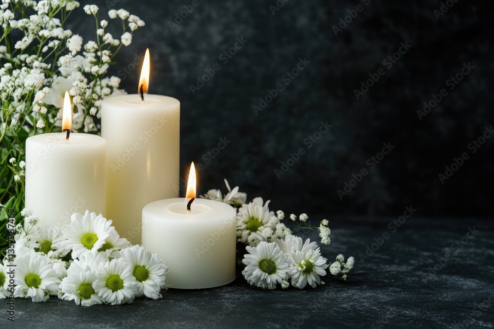White candles and flowers on black panoramic background with copy space, funeral service, memorial and obituary header. MZ White candles and flowers on black panoramic background with copy space, funeral service, memorial and obituary header. MZ