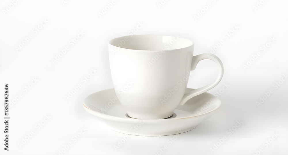A Simple Elegant White Ceramic Cup with a Matching Saucer, Set Against a Clean, White Background A Simple Elegant White Ceramic Cup with a Matching Saucer, Set Against a Clean, White Background