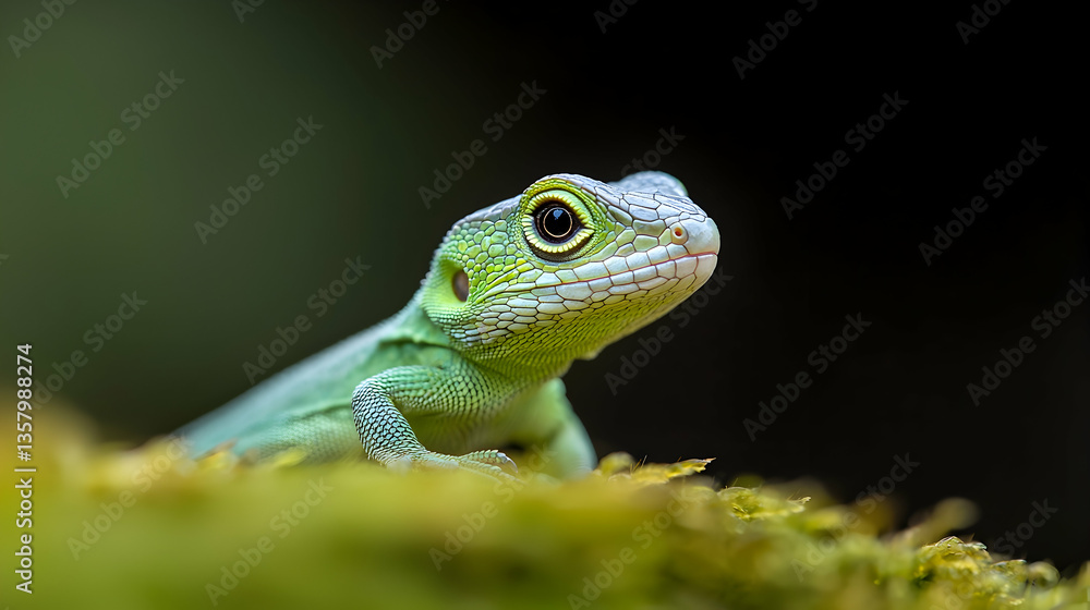 Green Lizard on Moss Close Up Green Lizard on Moss Close Up