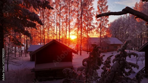 Drone coucher de soleil sur une plaine et forêt Laponie Finlandaise