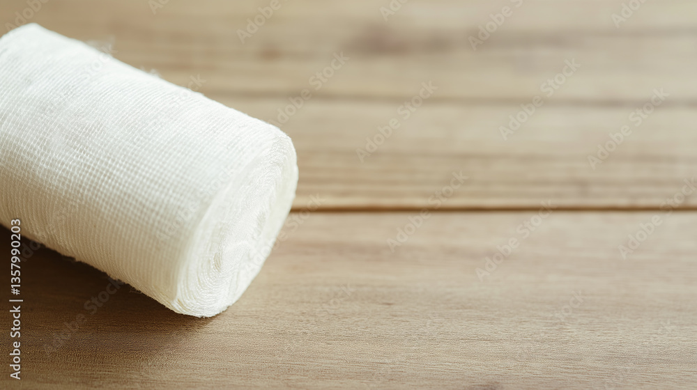 Fototapeta premium Medical gauze bandage roll resting on wooden table
