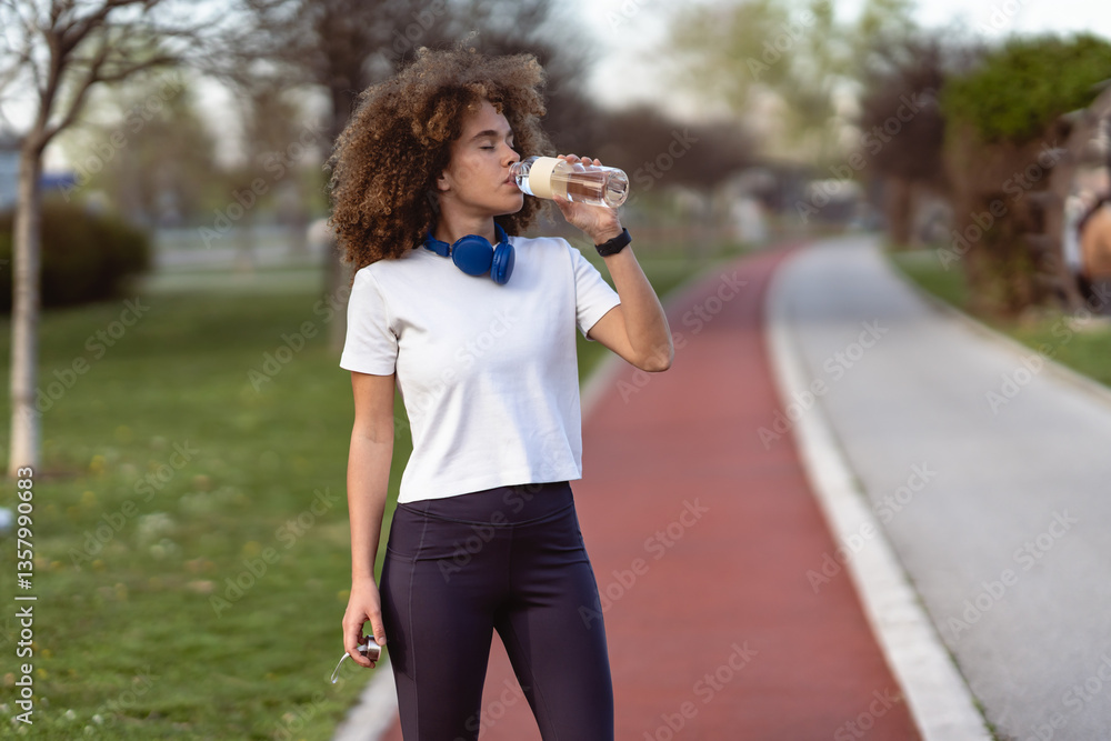 Young woman with curly hair takes a drink from a water bottle after exercising outdoors. She wears a white t-shirt, black leggings, and blue headphones around her neck, standing on a running track Young woman with curly hair takes a drink from a water bottle after exercising outdoors. She wears a white t-shirt, black leggings, and blue headphones around her neck, standing on a running track