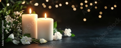 White candles and flowers on black panoramic background with copy space, funeral service, memorial and obituary header. MZ
