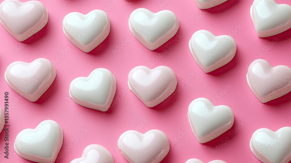White heart-shaped candies on pink background. Perfect for Valentine's Day, love, and romance themes. White heart-shaped candies on pink background. Perfect for Valentine's Day, love, and romance themes.