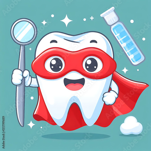A cartoon tooth wearing a cape and a mask.