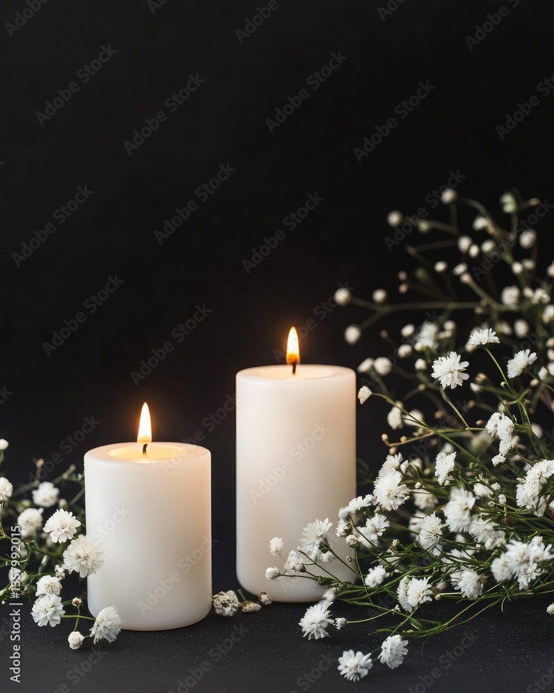 White candles and flowers on black panoramic background with copy space, funeral service, memorial and obituary header. MZ White candles and flowers on black panoramic background with copy space, funeral service, memorial and obituary header. MZ
