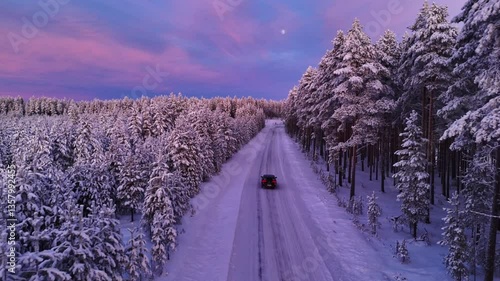 Drone coucher de soleil rose sur une plaine et forêt Laponie Finlandaise
