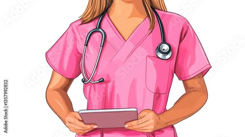 A healthcare professional wearing a pink scrub uniform holds a tablet in both hands, standing in a hospital corridor.