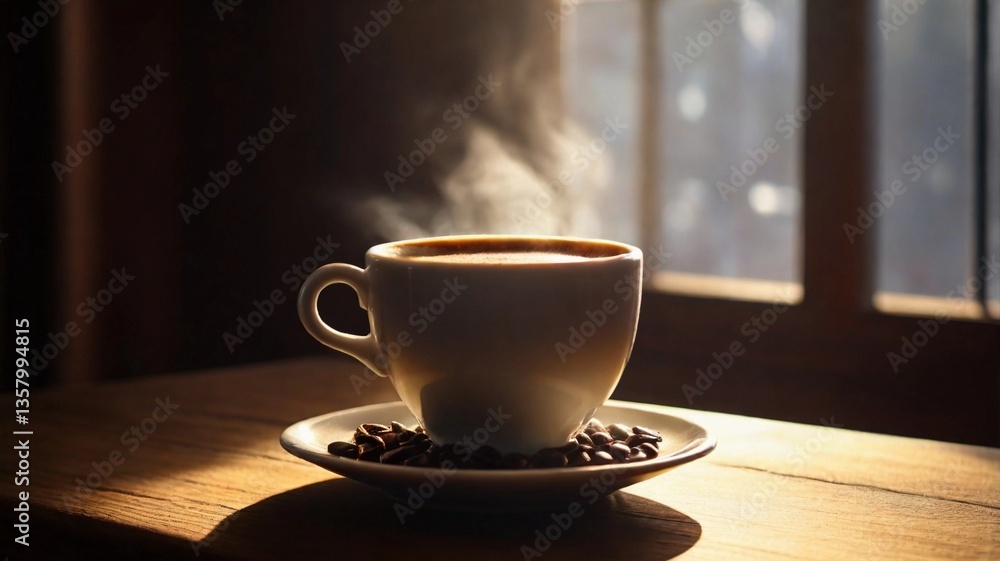 Fototapeta premium steaming cup of coffee on a wooden table, sunlight coming through the window, cinematic lighting, high detail, ultra realistic