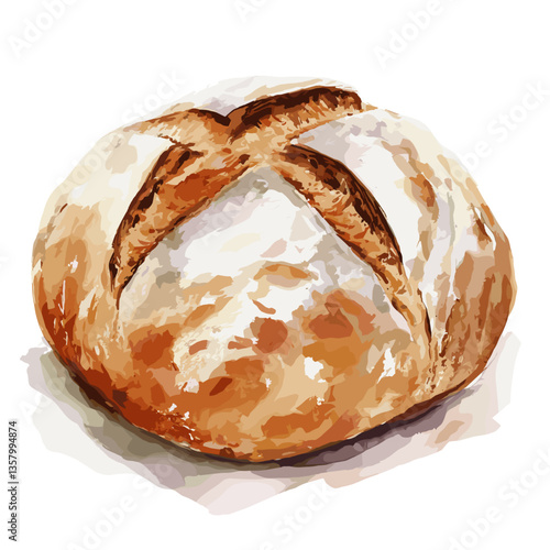 Watercolor Round Artisan Bread with Crusty Top
