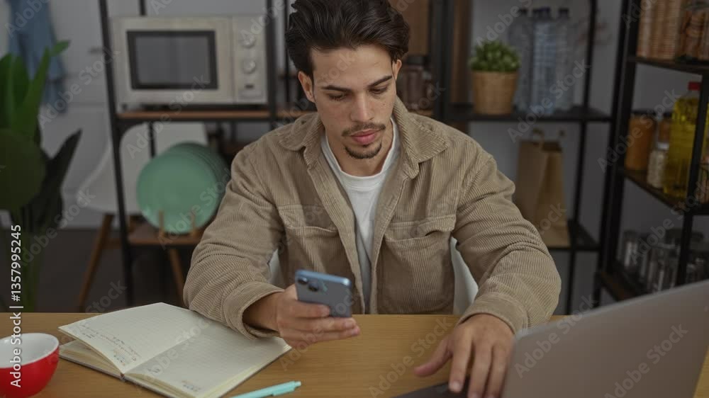 Young man in casual attire working on a laptop while checking his phone in a modern office setting. Young man in casual attire working on a laptop while checking his phone in a modern office setting.