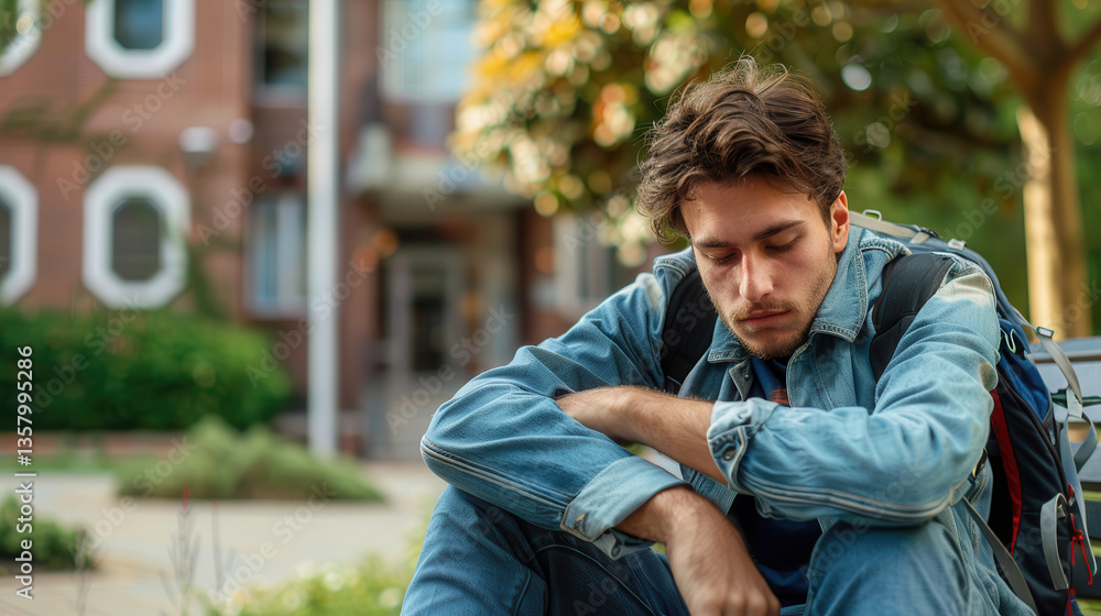 Exhausted College Student Resting on Campus Bench During Study Break