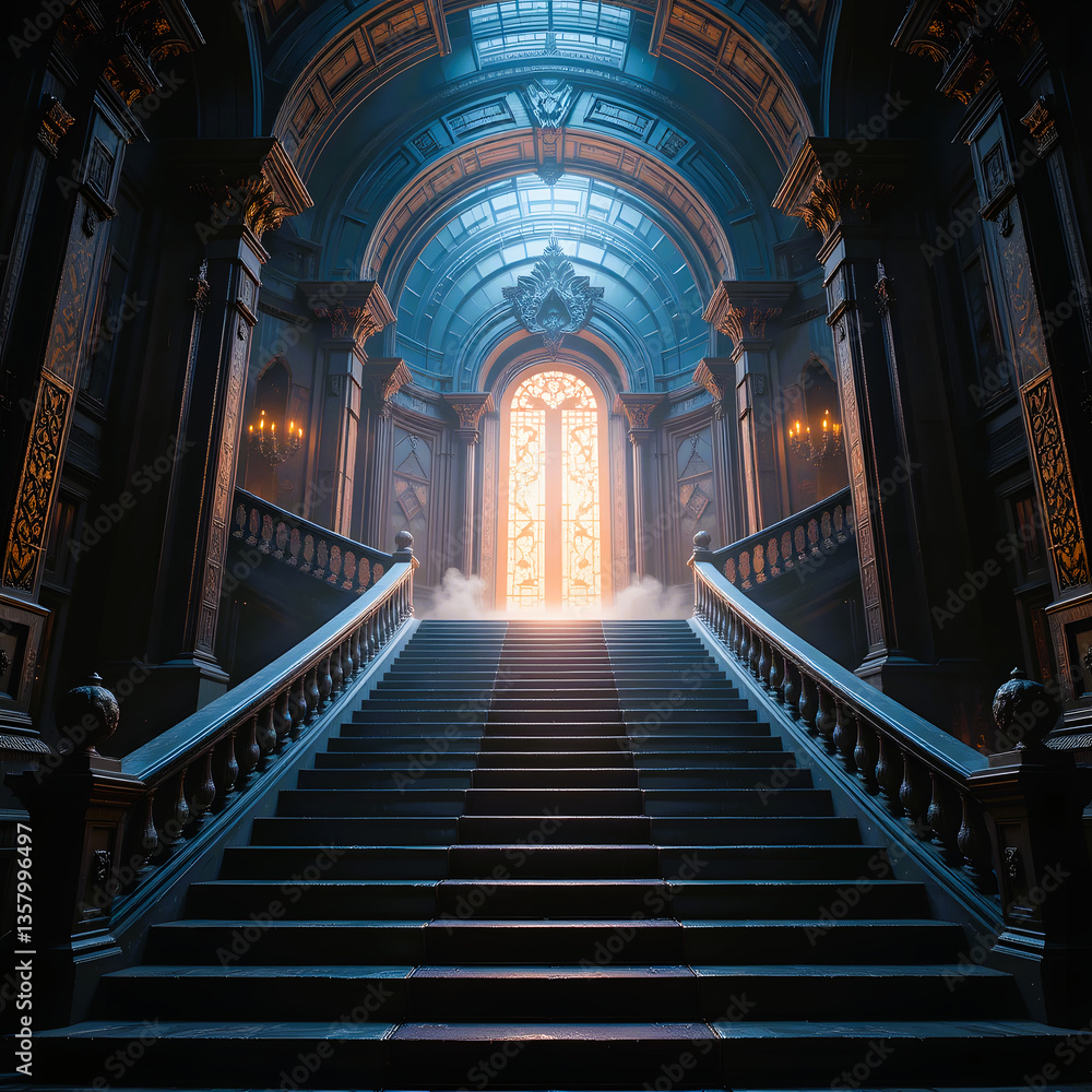 Obraz premium a staircase leading to a glowing door at the top, symbolizing the journey to success