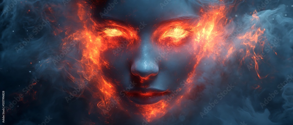 Fototapeta premium A womans face surrounded by fiery flames and mystical smoke