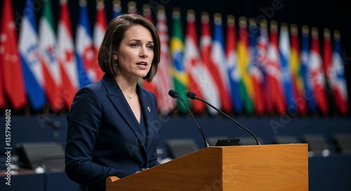 A female politician speaking at a podium with international flags in the background