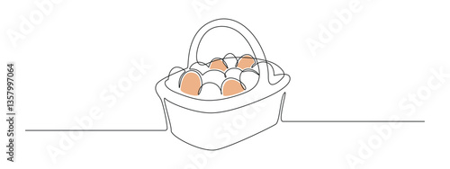 Basket with Easter eggs in one continuous line drawing. Greeting banner design in simple linear style. Editable stroke. Doodle vector illustration