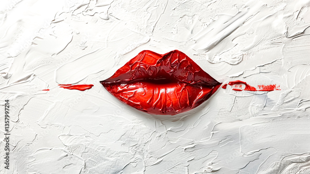 Red Lipstick Kiss on Textured White Plaster. Passionate Mark, Artistic Background, Romantic Gesture.