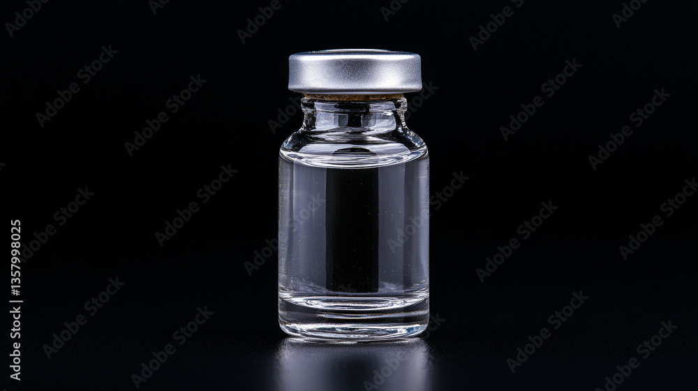 Clear glass vial with liquid, silver cap, isolated black background, showcasing simplicity Clear glass vial with liquid, silver cap, isolated black background, showcasing simplicity