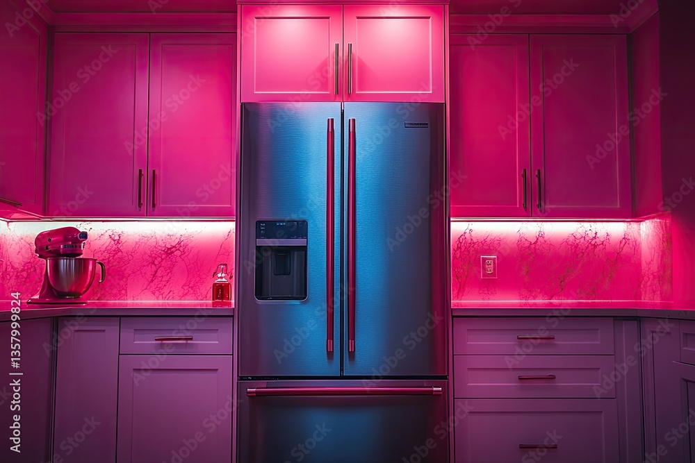 Fototapeta premium Modern kitchen with pink cabinets and a stainless steel refrigerator. Perfect for blogs about home design, appliances, or vibrant kitchens.