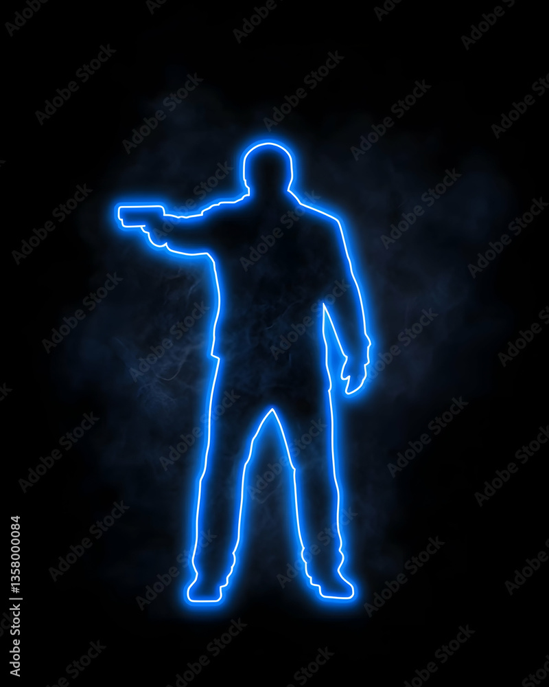 Glowing blue silhouette of a man aiming a gun, shrouded in smoke against a black background Glowing blue silhouette of a man aiming a gun, shrouded in smoke against a black background