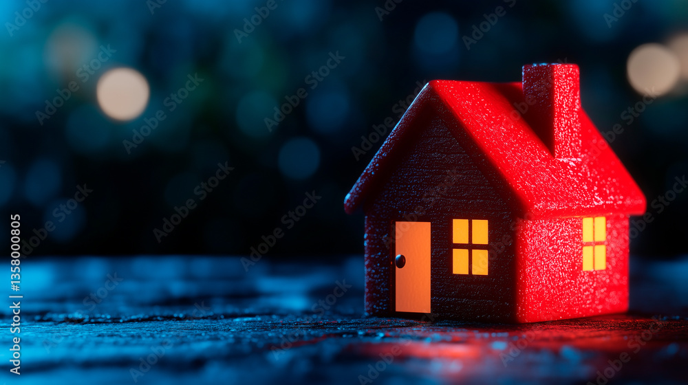Red Illuminated House Model on Dark Surface Red Illuminated House Model on Dark Surface