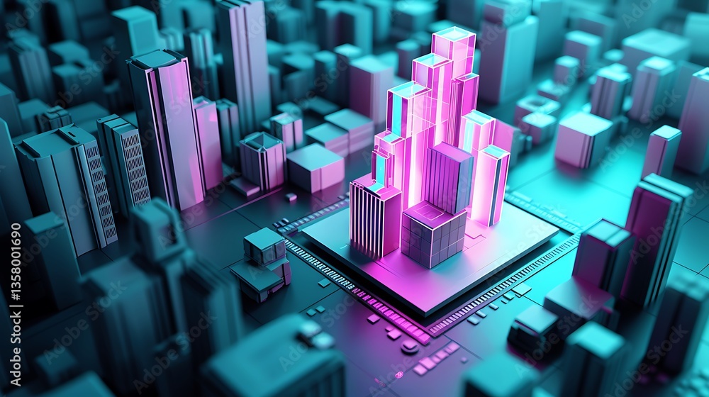 Abstract rendering of city buildings with electronic components Abstract rendering of city buildings with electronic components