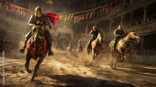 Wallpaper Mural Knights in Armor Racing on Horses in an Ancient Arena with Spectators and Colorful Banners Torontodigital.ca