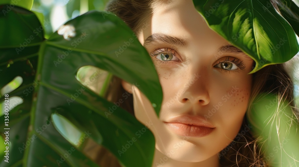 Woman with Green Eyes Behind a Leaf Woman with Green Eyes Behind a Leaf