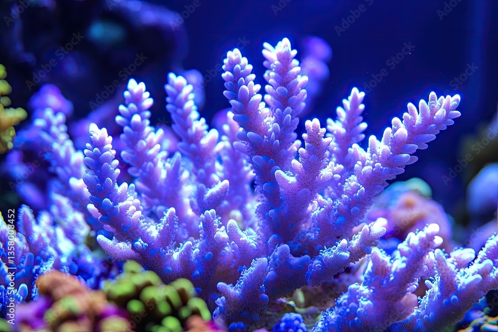 Fototapeta premium Vibrant purple coral flourishing under blue aquarium light
