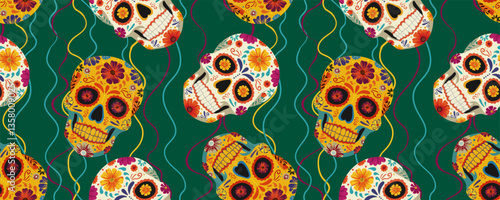 Wallpaper Mural seamless pattern of Mexican skulls bright cinco de mayo masks on emerald background with colorful lines isolated vector design with floral elements Torontodigital.ca