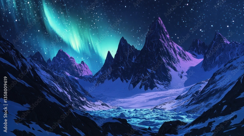 A serene mountain landscape illuminated by the aurora borealis under a starry sky. A serene mountain landscape illuminated by the aurora borealis under a starry sky.
