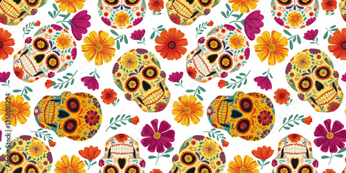 Seamless colorful pattern with Mexican sugar skulls and floral elements. Perfect for Día de los Muertos, Cinco de Mayo, and festive holiday backgrounds or decorations