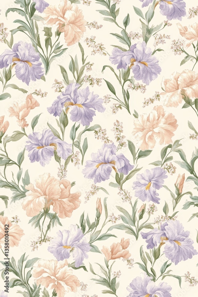 Floral Symphony: A delicate floral pattern, a gentle ballet of pastel irises and vibrant blossoms unfolds, their petals whispering tales of spring's first embrace. Floral Symphony: A delicate floral pattern, a gentle ballet of pastel irises and vibrant blossoms unfolds, their petals whispering tales of spring's first embrace.