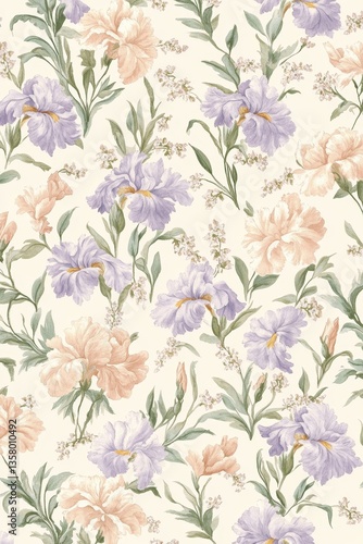 Floral Symphony: A delicate floral pattern, a gentle ballet of pastel irises and vibrant blossoms unfolds, their petals whispering tales of spring's first embrace.
