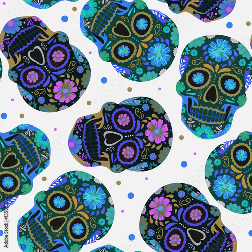 dark seamless pattern with Mexican sugar skulls decorated with polka dot floral elements. Perfect for Día de los Muertos, Cinco de Mayo, Halloween and holiday design projects