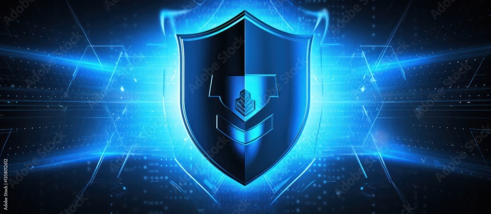 Fototapeta premium Digital futuristic shield Guard for Cyber security with glowing blue background.