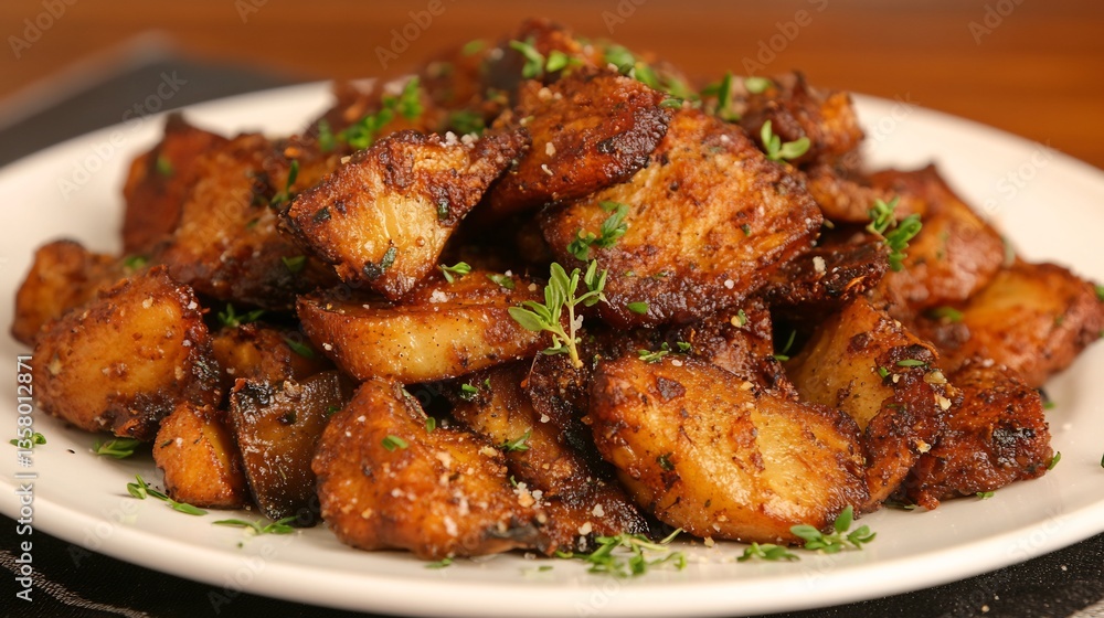 Plate of golden brown roasted mushrooms garnished with fresh thyme their deep earthy tones highlighted against a blurred black and white background Plate of golden brown roasted mushrooms garnished with fresh thyme their deep earthy tones highlighted against a blurred black and white background