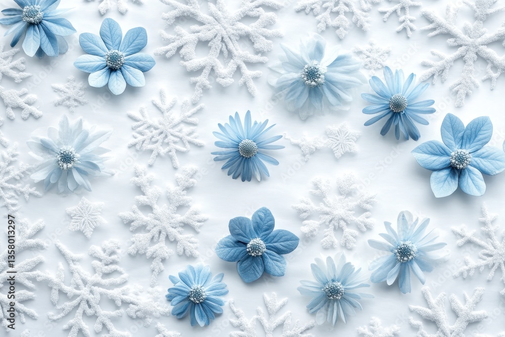 Winter Bloom: A gentle tableau of delicate, light-blue flowers, interspersed with pristine, white snowflakes, forming a serene, visually delightful pattern. Winter Bloom: A gentle tableau of delicate, light-blue flowers, interspersed with pristine, white snowflakes, forming a serene, visually delightful pattern.
