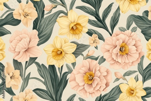 Wallpaper Mural Floral Delight: A vibrant and captivating seamless pattern featuring a diverse array of blossoming flowers and lush foliage, artfully arranged to create a harmonious composition. Torontodigital.ca