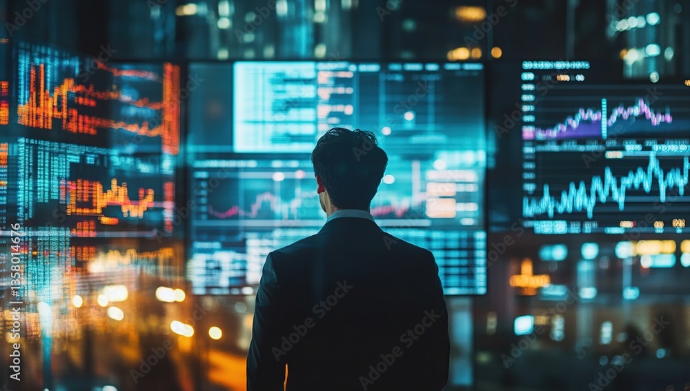 Businessman Analyzing Data on Multiple Screens at Night Businessman Analyzing Data on Multiple Screens at Night