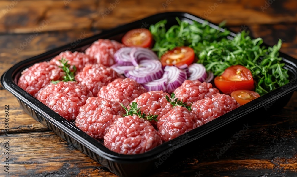 Raw meatballs arranged with red onion, cherry tomatoes, and arugula in a black plastic container on a wooden surface Raw meatballs arranged with red onion, cherry tomatoes, and arugula in a black plastic container on a wooden surface