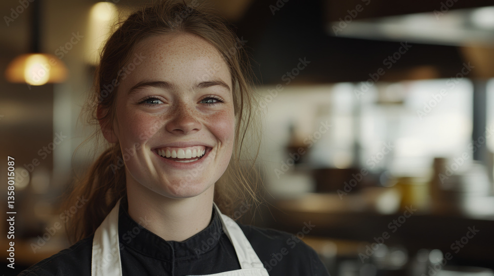Young white female chef smiling in uniform inside restaurant kitchen – culinary professional, hospitality staff, portrait concept, food industry, fine dining cook
Young white female chef smiling in uniform inside restaurant kitchen – culinary professional, hospitality staff, portrait concept, food industry, fine dining cook