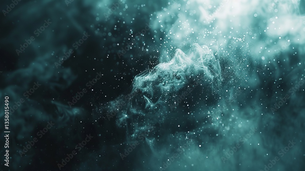 Fototapeta premium Teal Nebula Abstract Background With Sparkling Particles, Smoke Effect Design Element
