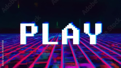 Retro Gaming Vibe, Animated 'PLAY' Text with Glitch and Neon Grid Effects