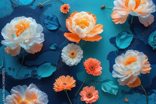 Vibrant Serene Background in Colorful Aqua Peach Orange and Rich Navy Shades