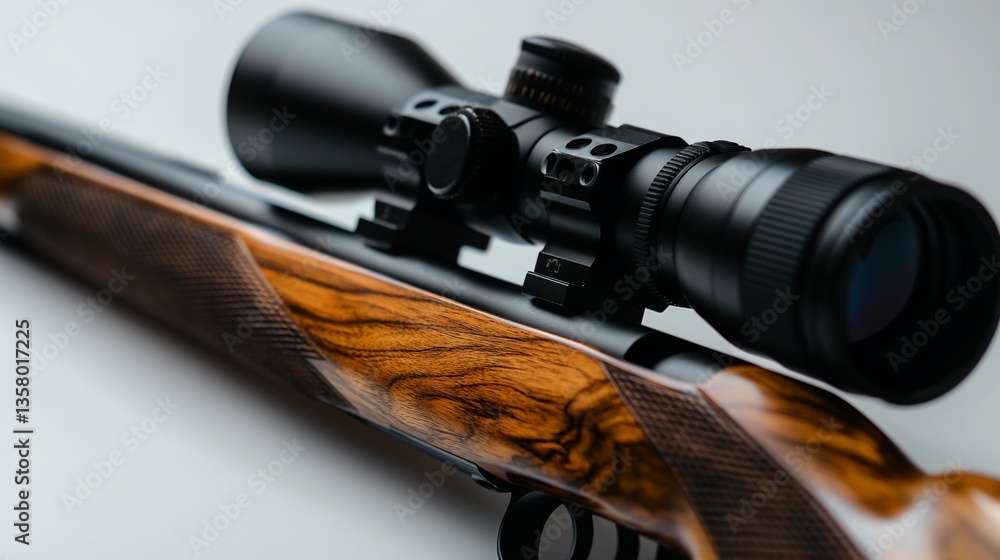 Obraz premium Close-Up of a Hunting Rifle with High-Powered Scope on a Light Backdrop